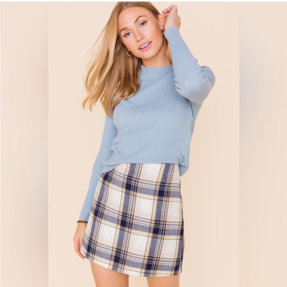 Francesca’s Blue Rain Plaid Mini Skirt